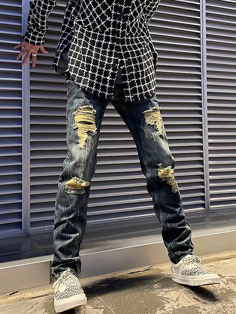 

Original Trendy Brand Men's Casual Loose Long Pants Vintage Sle Distred Denim Jeans Patchwork Youth Autumn Spring Wear