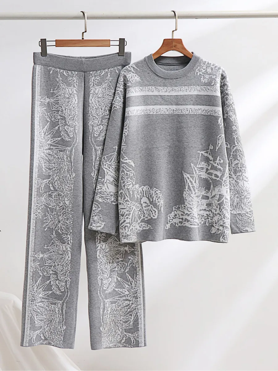 New Autumn Women's Knitting Outfits Brand Design Ink Painting Loose Knitted Sweater Jumper + Wide Leg Pants Suits Two-piece Set