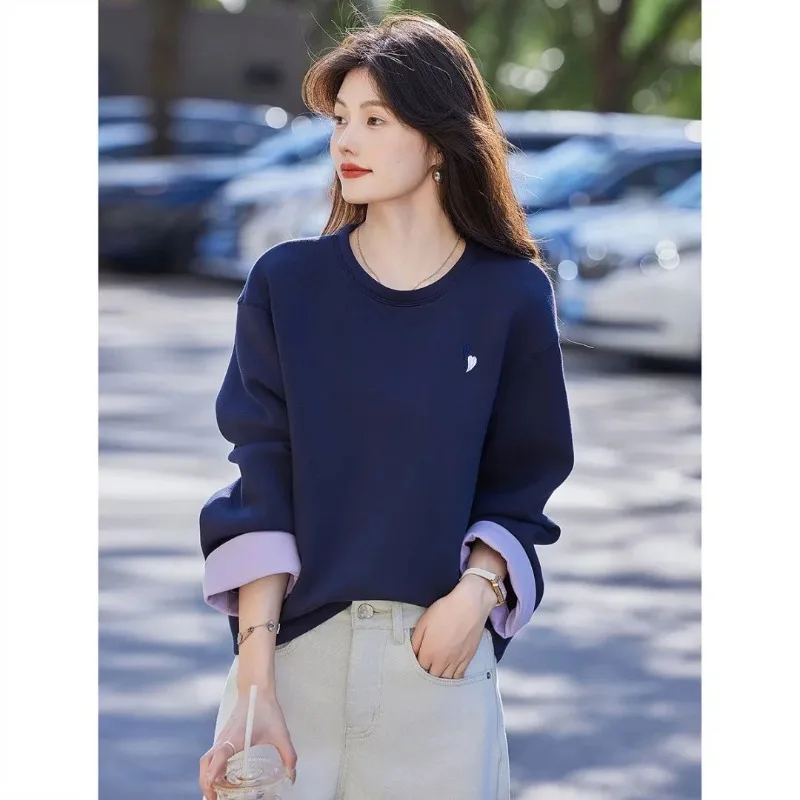 

Spring Fashionable Casual Western Style Versatile Loose Love Embroidered Color Block Top Pullover Round Neck Sweatshirt Women