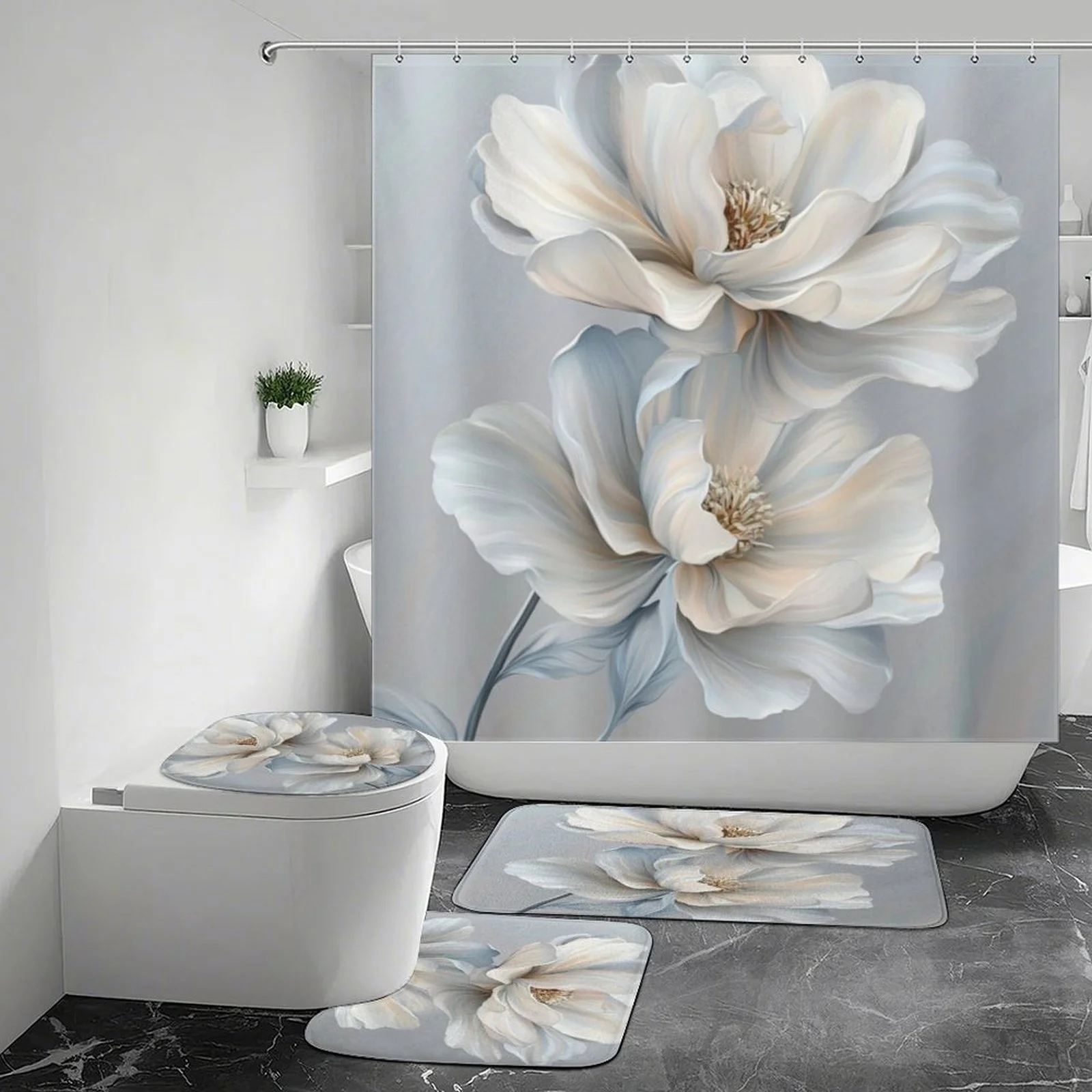 

4-х предметный набор занавесок для душа с абстрактным кремовым цветочным узором для ванной комнаты, коврик для ванной, U-образный коврик и коврик для сиденья унитаза