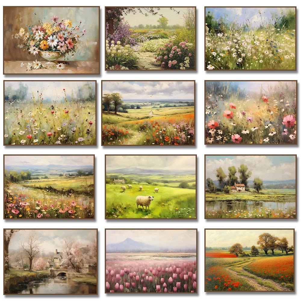 Wildflowers Countryside Lake Still Life Canvas Painting Floral Art Print Vintage Meadow Landscape Poster Farmhouse Wall Decor