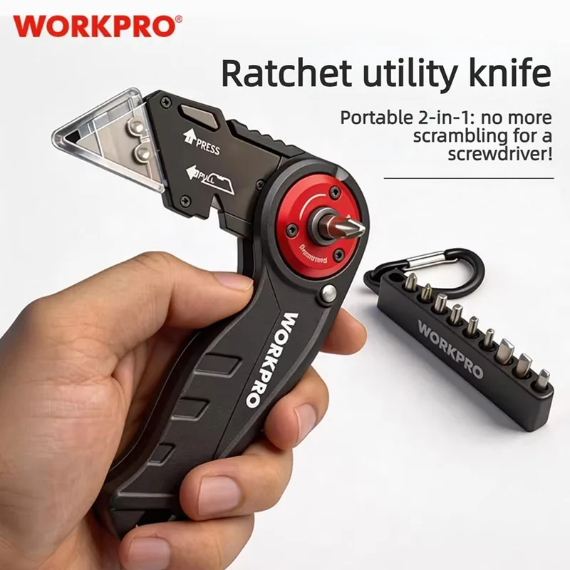 

Складной универсальный нож WORKPRO с трещоточной отверткой, 10 насадок, 10 лезвий, EDC, сверхпрочный рабочий нож с многофункциональными насадками
