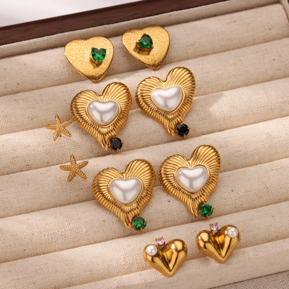 Vintage Green Zircon Heart Earrings for Women Stainless Steel Gold Color Piercing Earrings Fashion Wedding Christmas Jewelry