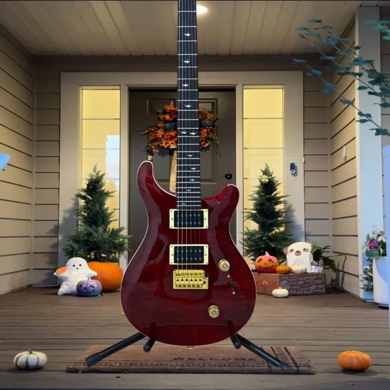 PRS Style Dark Red Flamed Maple Electric Guitar Dual Humbucker Big Tremolo Bridge Bird Inlays Gold Hardware Rock Metal Stage