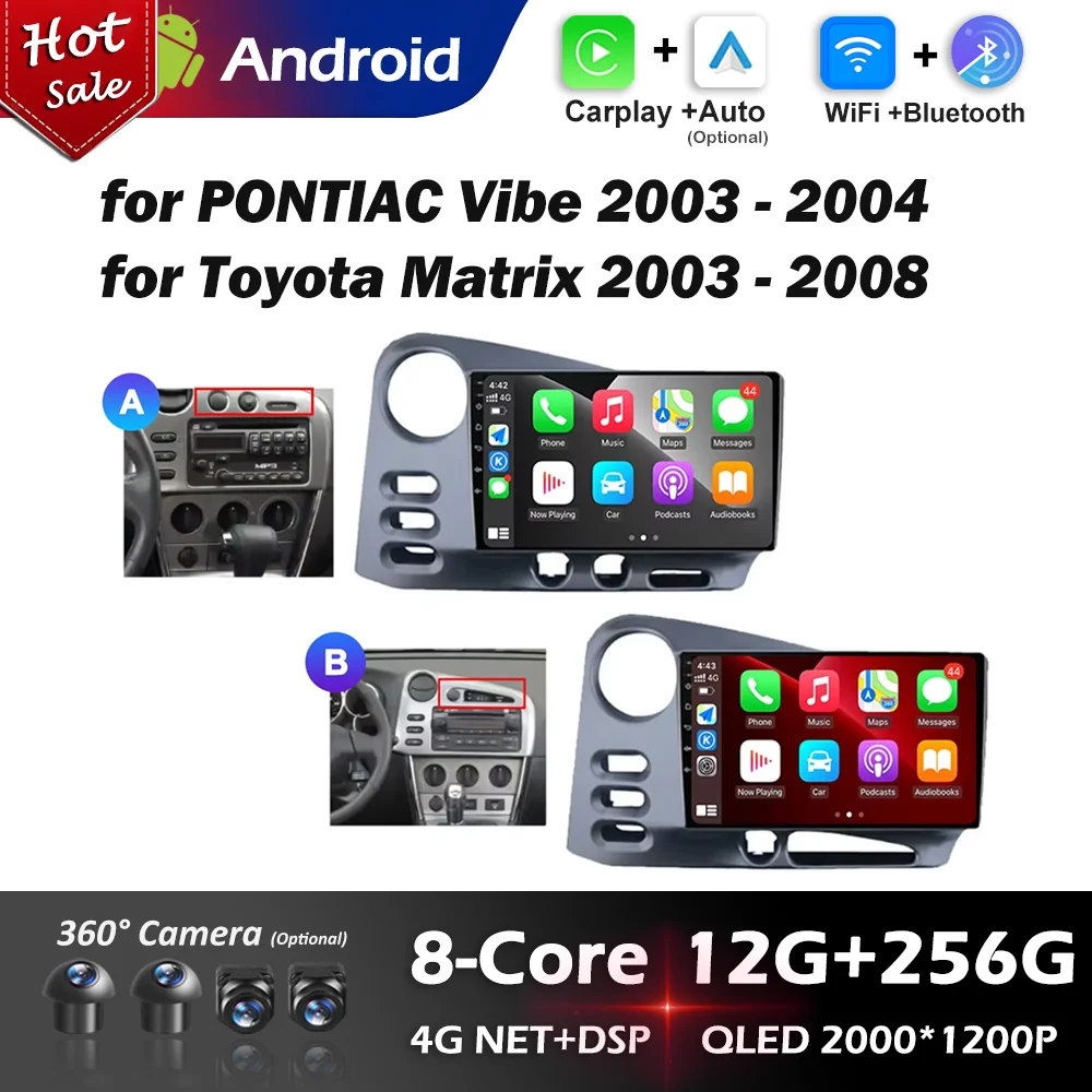 

Android Auto для PONTIAC Vibe 2003–2004 для TOYOTA Matrix 2003–2008 Автомобильный видеомультимедийный плеер 4G BT GPS Navi Сенсорный экран