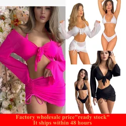 2025 Women's Sexy bikini Straps Halter Cross Front High Cut Thong 4 Pieces Bikini Set Swimsuit and Drawstring Beach Skirt