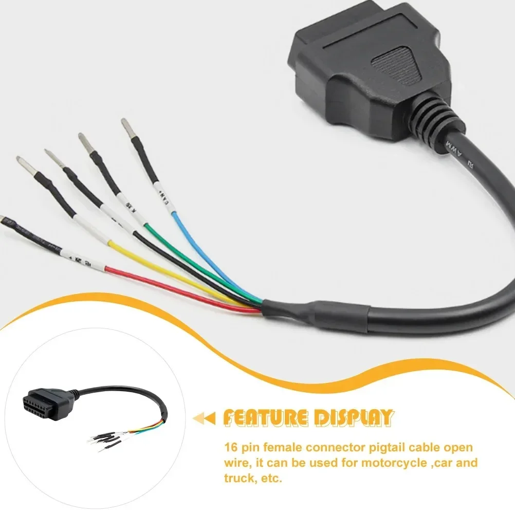 16 Pin Female Connector Pigtail Cable For Motorcycle Car Truck K+Can Adapter Engine Fault Diagnosis Test Tool