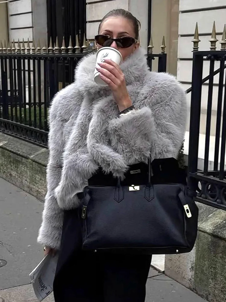 Elegancka krótka kurtka z imitacji futra damska miejska jednolita z klapami otwarte szwy pełne rękawy płaszcze damska jesienno-zimowa moda odzież wierzchnia