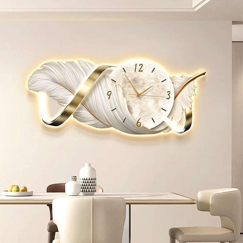 Feather Design Glowing Wall Clock With LED Light Luxury Silent Clock For Living Room Bedroom Home Decor