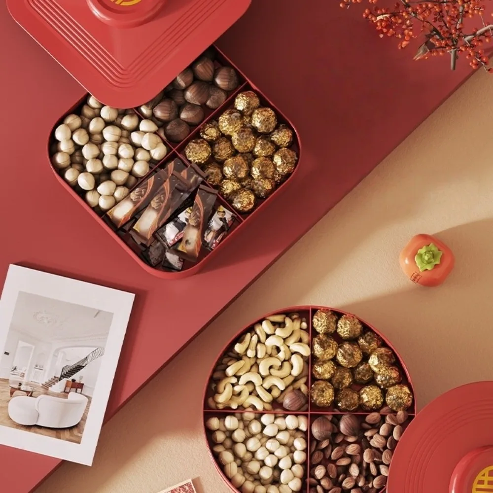 Multi-functional 8-Compartment Nut Serving Tray 2 Layers Square Candy Box Round with Lid Biscuit Fruit Plate Chinese New Year