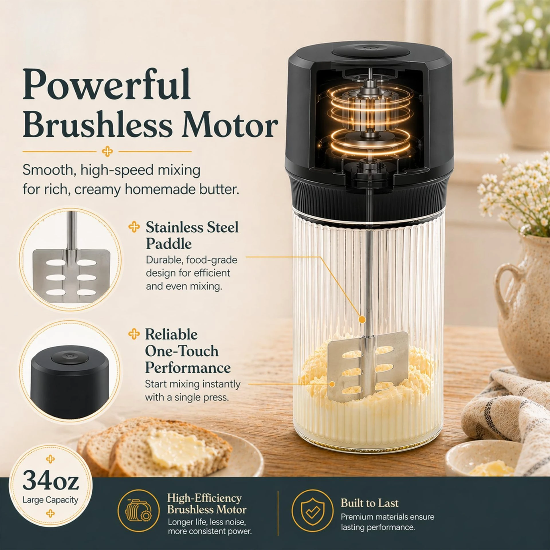 Electric Butter Mixer Brushless Motor High Speed Multi-functional Handheld Blender for Kitchen Cheese Stirrer