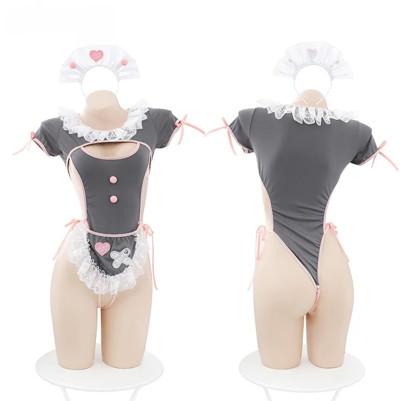 Body de busto abierto para mujer, lencería sin entrepierna, disfraces de Cosplay de sirvienta de Anime, peluches Porno de entrepierna abierta,