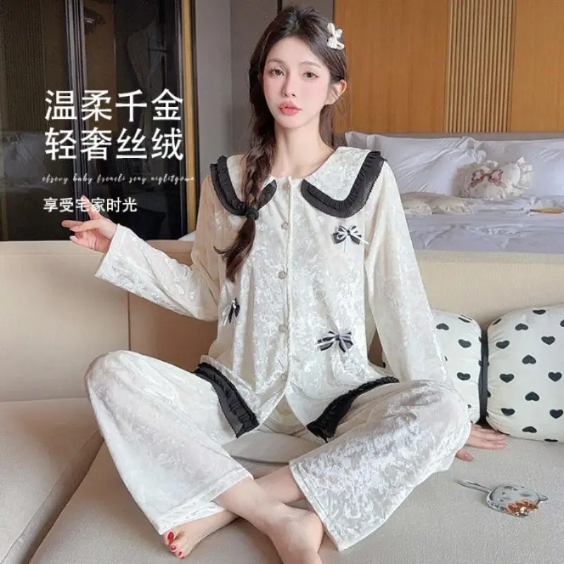 ホットな新作レディース肌に優しい快適なパジャマ2025キュートなドールカラー秋冬高級ファッションホームファニッシングセットギフト