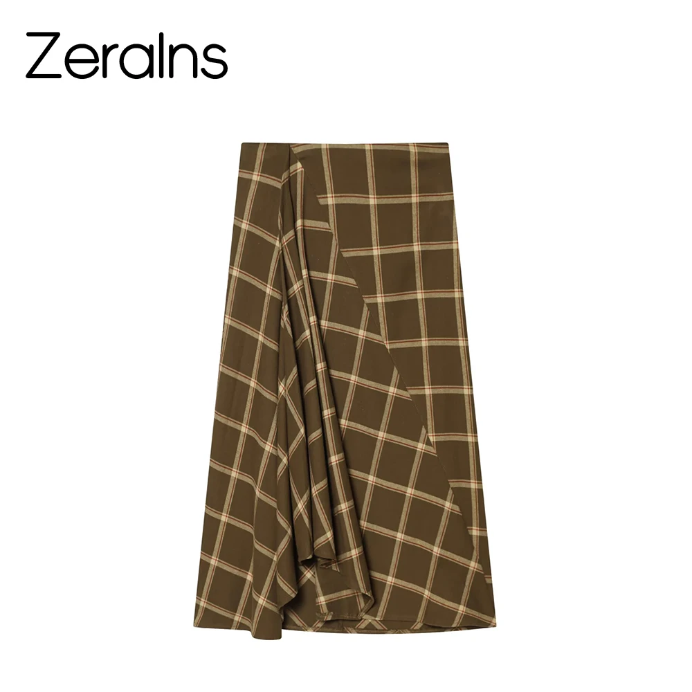 

ZERAINS 2025 Winter New Women's Clothing French Design Low Waist Stacked Decorative Grid Flute Half Skirt