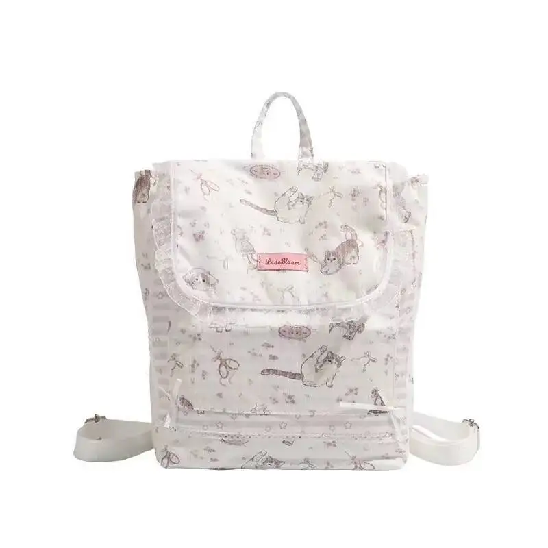Bloom Sweet Cat Print Canvas Backpack Women Fairycore Aesthetic Lace Large Capacity Backpacks Girls Haruku Kawaii Mochila