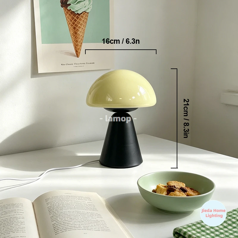 Murano Glass Mushroom Eave Half Dome Table Lamp Matte Black Conical Base 3 Tone Soft Light Cream Ins Study Desk Decor Lamp