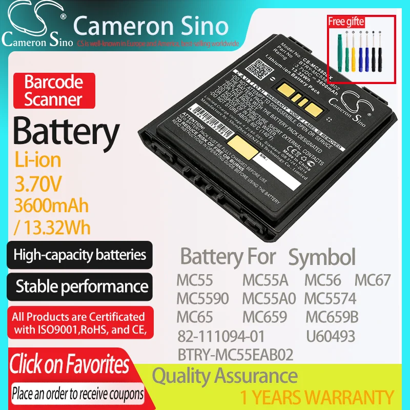 CameronSino Battery for Symbol MC55 MC55A MC56 MC65 MC67 MC5590 MC5574 Fits Symbol 82-111094-01 U60493 Barcode Scanner Battery