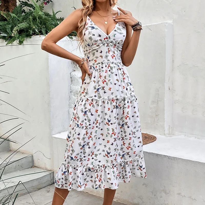 

2023 Summer New Fashion European and American Women's V-Neck Slim Fit Hanging Strap Printed Dress summer dress