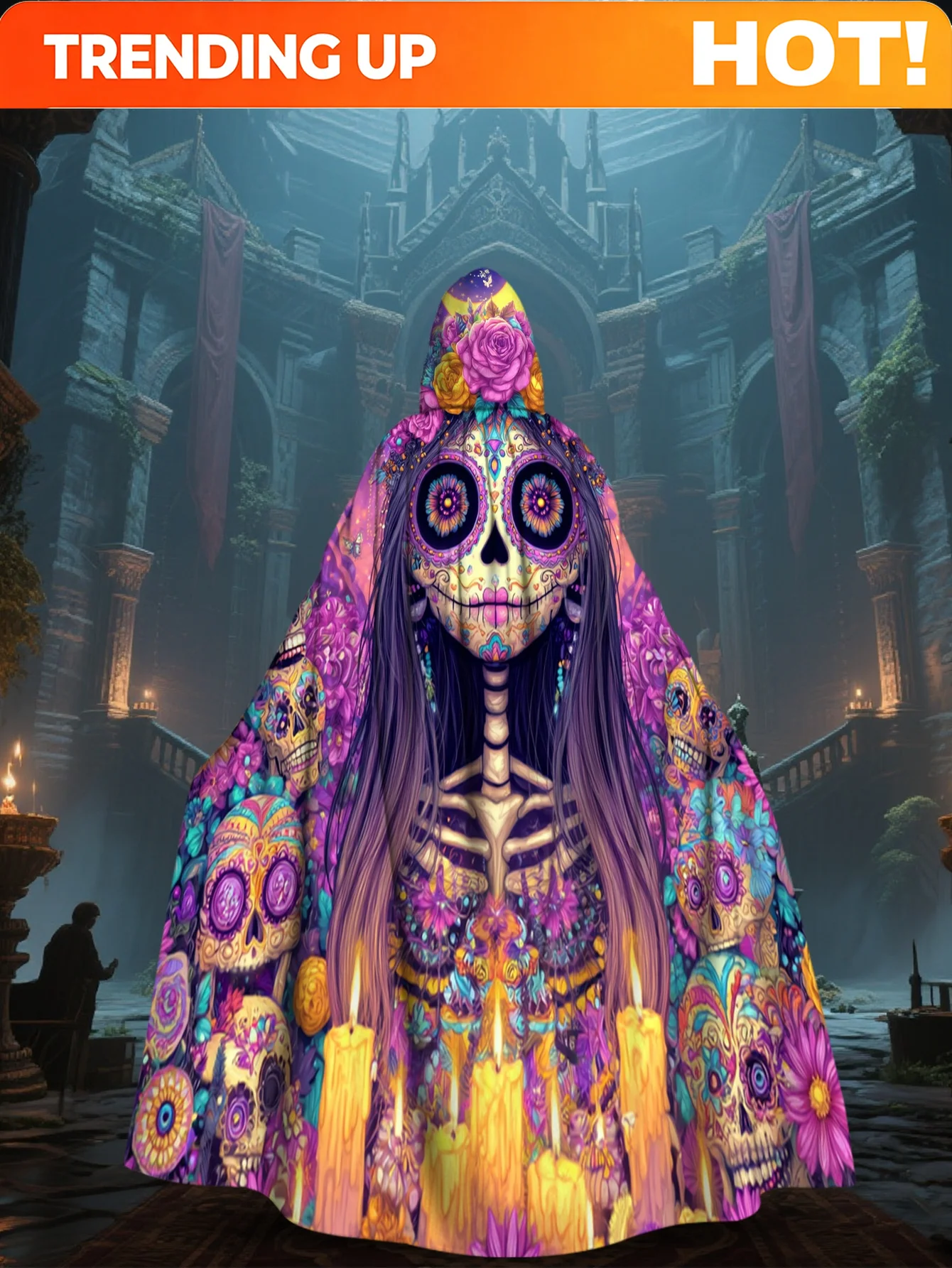 Customization 1pc 2D Flat-Printed Day Of The Dead Elegant And Beautiful Hooded Cape Featuring Skulls, Flowers, And Lanterns Made