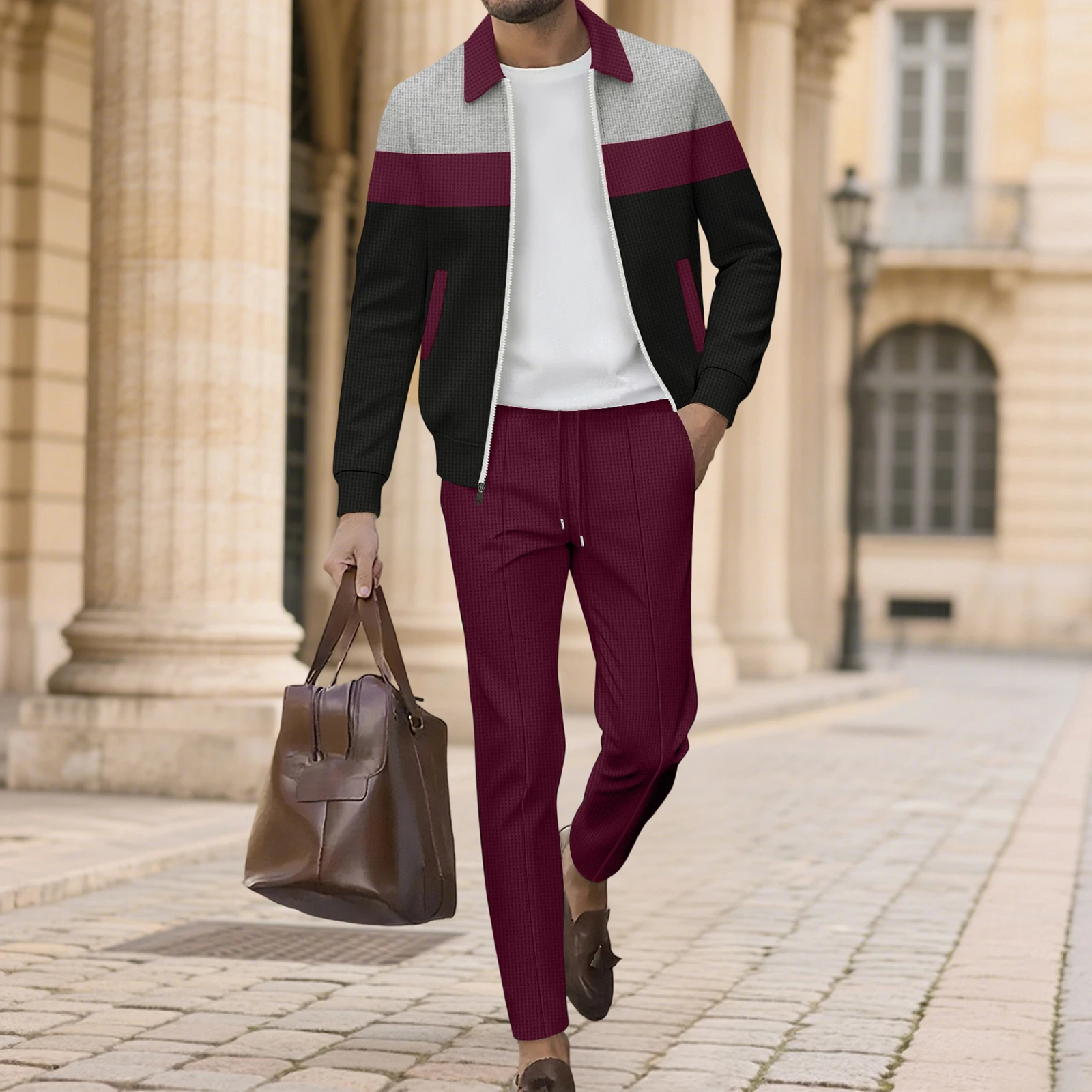 Men's Leisure Suits Stylish Contrast Color Zip Up Collared Long Sleeve Jacket and Pants 2 Pcs Set for Fall