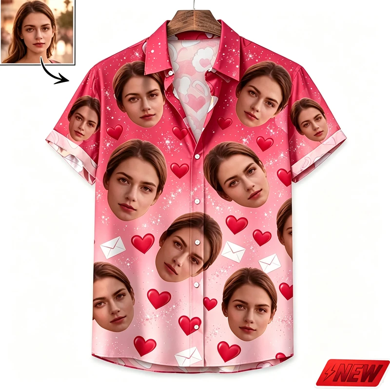 Custom Face Graphic Shirt Men Women Personalized Photo Heart Envelope Pattern Short Sleeve Button Top Gift Casual Hawaiian Shirt