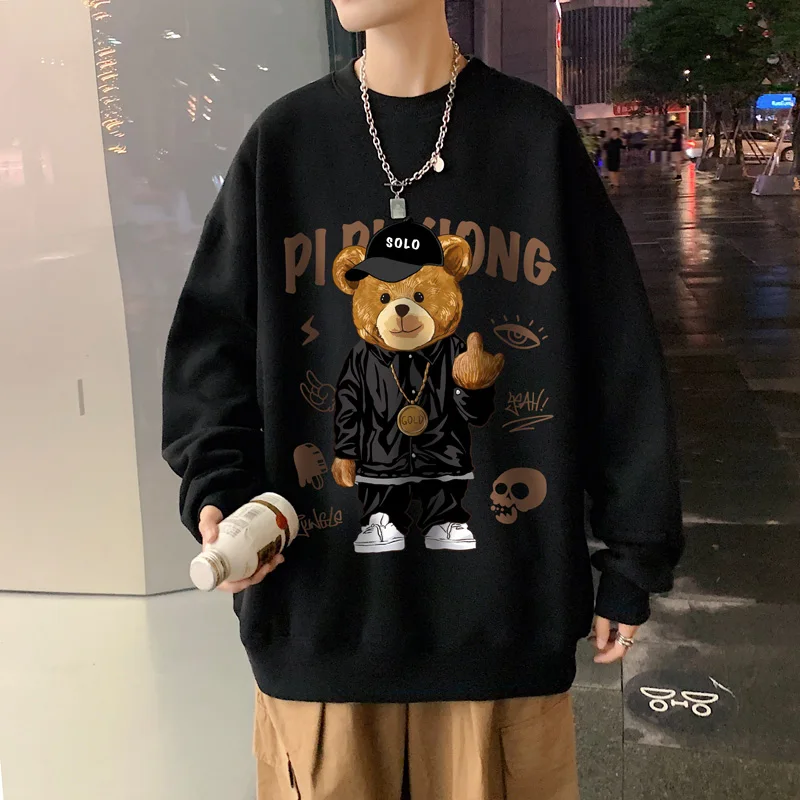 

Bear Hoodless Warm Sweater Men's Winter Tide Casual Loose Long Sleeve Plush and Thicken Ins Hip Hop Guochao High Street Coat