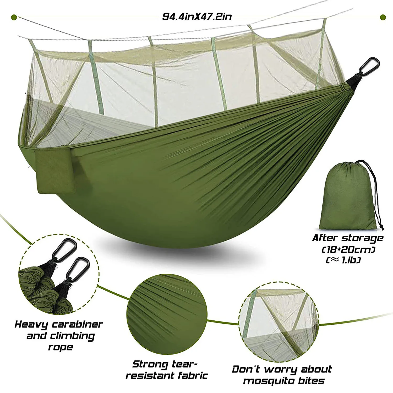 Ultralight Mosquito net Parachute Hammock with Army Green Anti-mosquito bites for Outdoor Camping Tent sleeping Free shipping