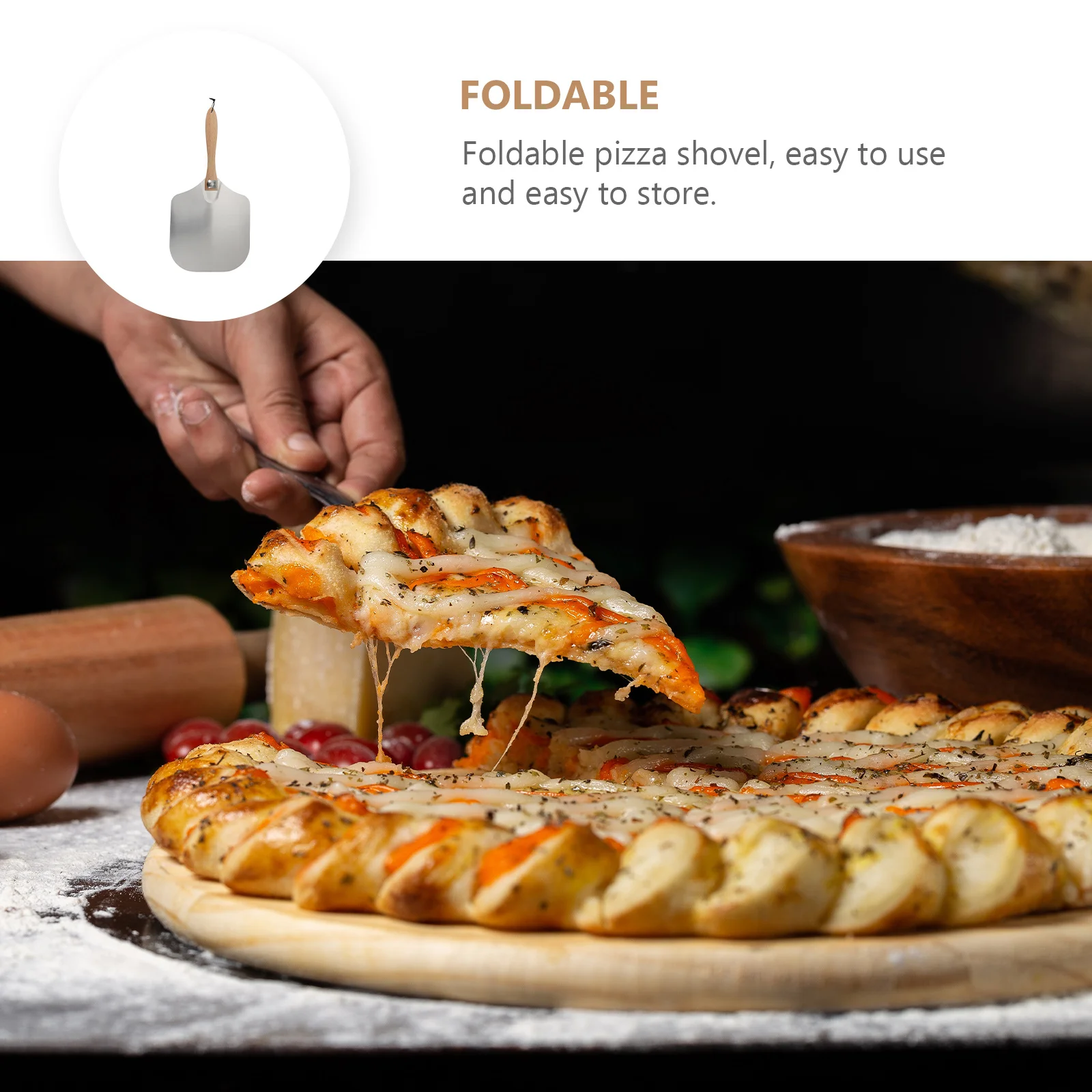 

1Pcs Pizza Spatula Detachable Foldable Aluminum Large Pizza Shovel Non Slip Wooden Handle for Cake Pie Steak Pancake Transfer