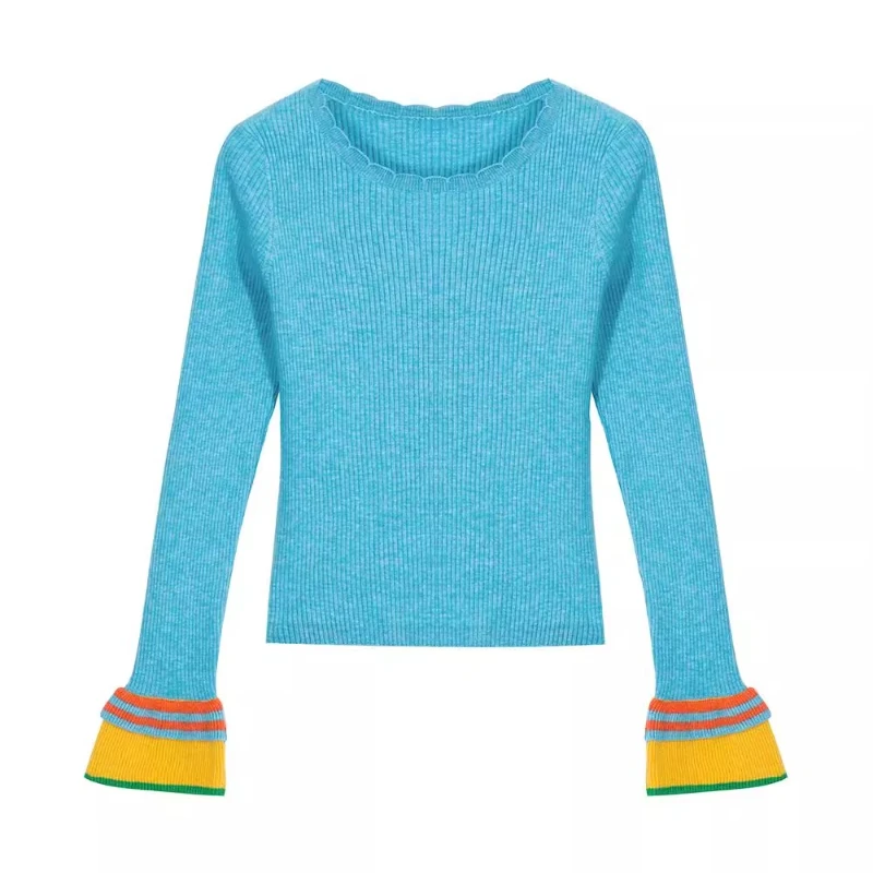 Outono inverno novo azul emenda listrado manga alargada renda camisola feminina design original retro lã malha pulôver senhoras