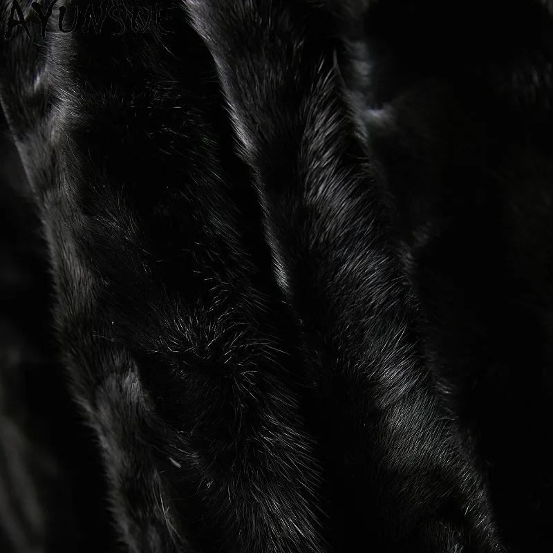 Casaco de Pele de Mink Real AYUNSUE para Mulheres, Jaqueta de Pele Reversível, Estilo com Gola Alta, Roupas Externas Pretas para o Inverno