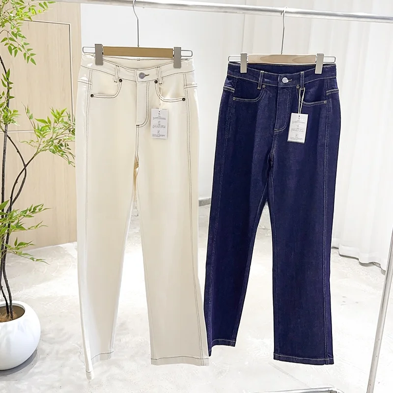 

Mimifa Faionable прямые джинсы с высокой талией и застежкой-молнией для поездок на работу супер универсальные удлиняющие ноги High Street