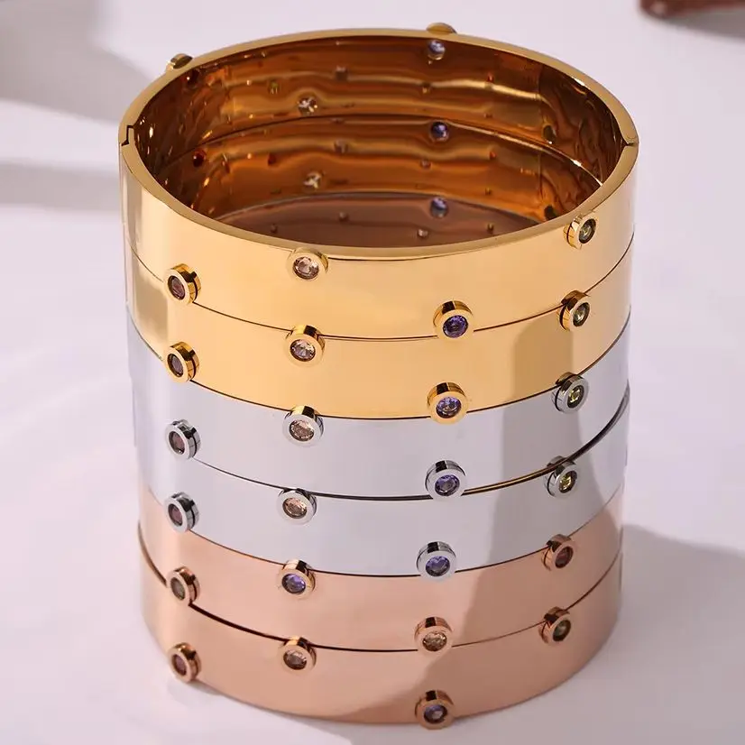 Nivora Cubic Zirconia Wristband Statement Bracelets Shiny Round Stainless Steel Bangles For Women Fashion Waterproof Jewelry