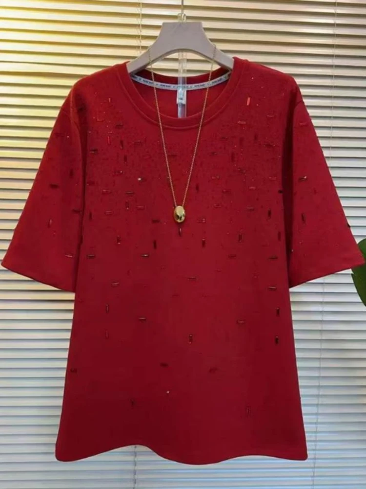 

European Station Heavy rhinestone Cotton Loose Larger Size Short-Sleeved T-shirt 2024 Summer Round Neck Casual Mid-Length Top