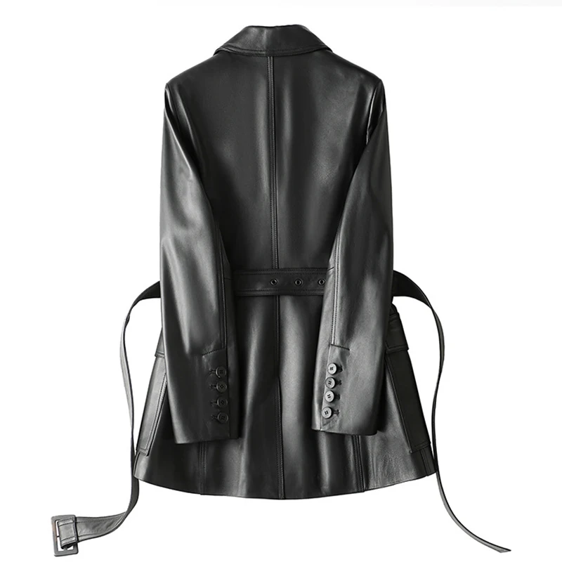 Vrouwen Leren Jas Engeland Stijl Pak Kraag Double-Breasted Riem Slanke Middellange Tot Lange Chaquetas Mujer Schapenvacht Jas mode