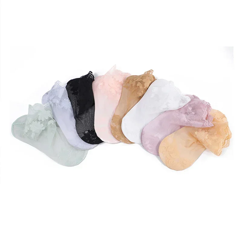 2024 New Socks Women's Lace Transparent Lolita Invisible Summer Thin Non-slip Short  Ankle Black Low Cut Boat Sock 5PCS