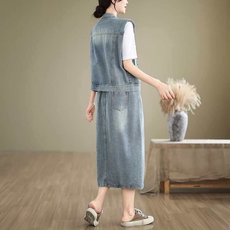 New Chinese Sle Cotton Denim Vest And Skirt Set Women's Casual Hat Included Two-Piece Suit Light Colored Button Detail
