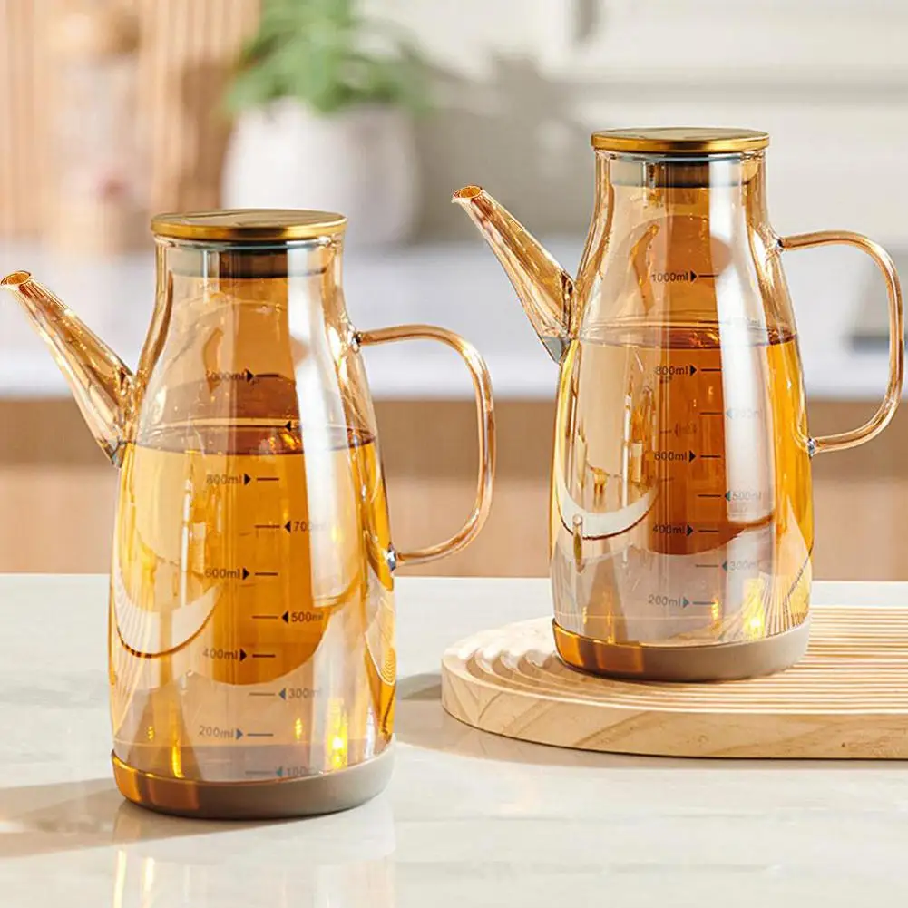 Botella de aceite de vidrio transparente con tapa, báscula con mango, resistente al calor, contenedor de protección para salsa de vinagre de soja de 600/800/1000ml ﻿