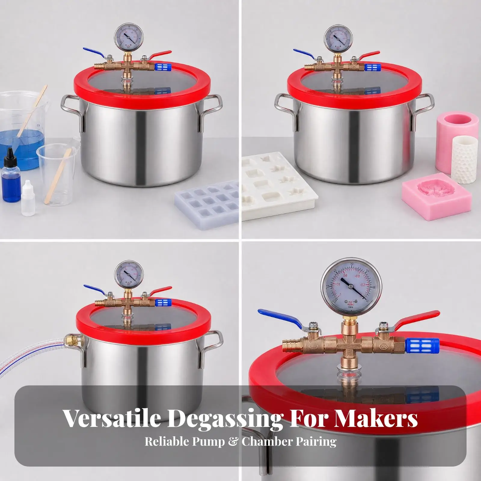 Vacuum Chamber Degassing Pump Kit Transparent Lid Side Handles for Cosmetic Making Silicone Casting Workshop Tool
