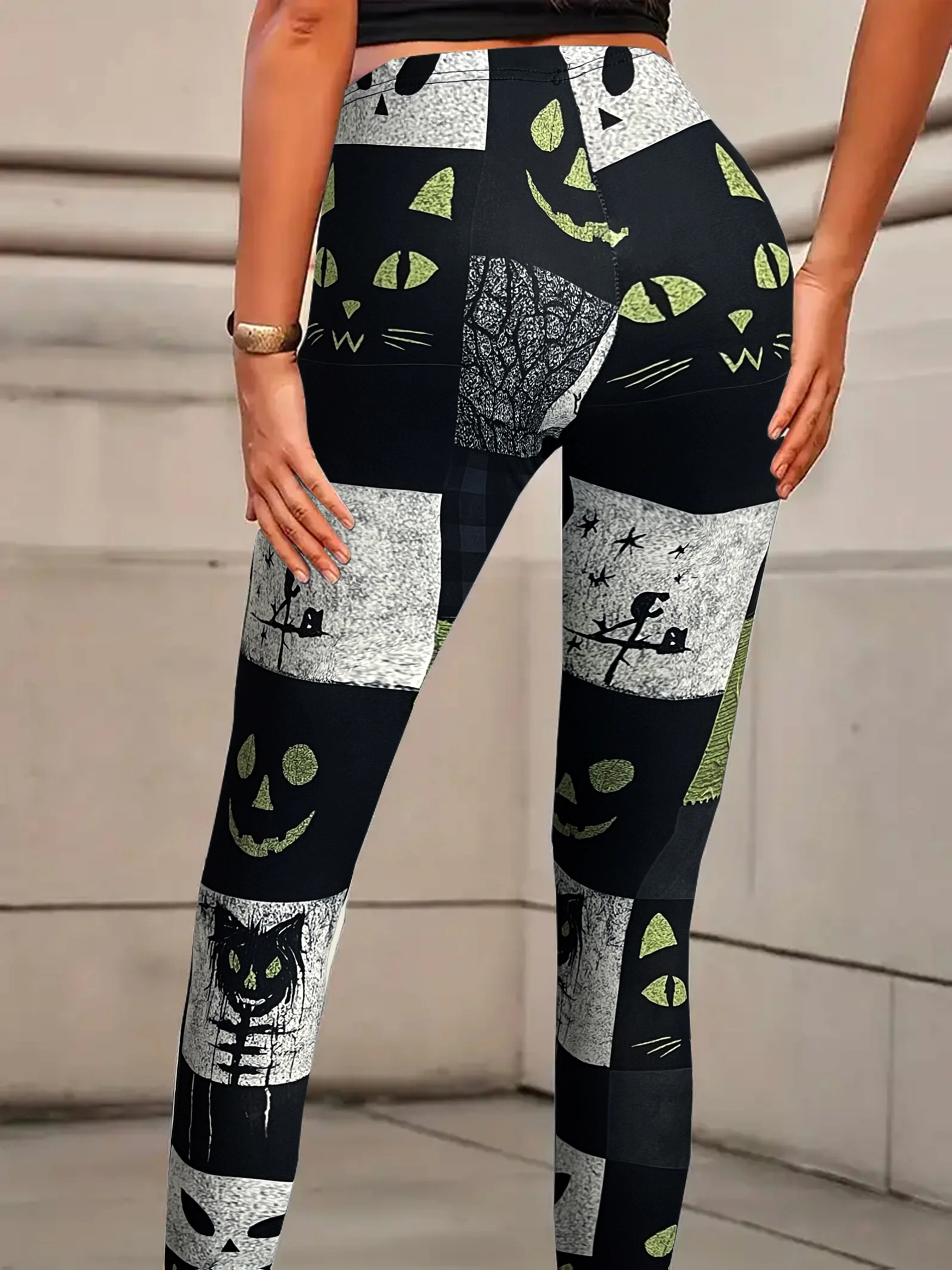 Women's Mid‑Rise Fleece Lined Leggings Halloween Pumpkin Cat Patchwork Print Stretch Warm Ladies Casual Pants view 3