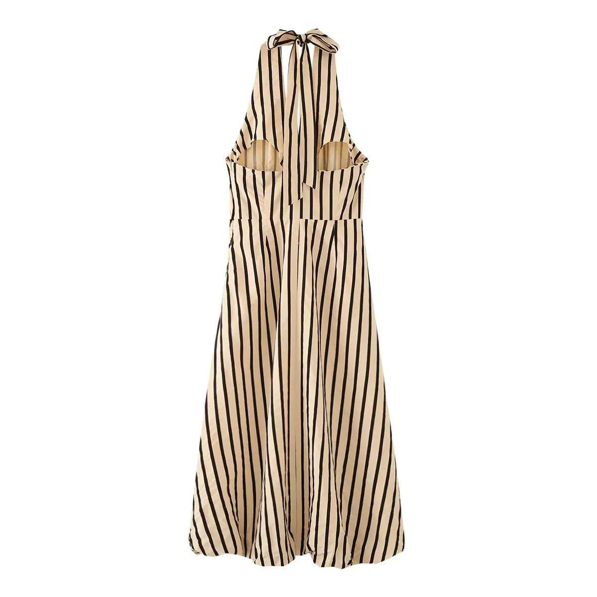 Elegantes Damen-Maxikleid mit Streifenmuster und Neckholder, sexy tiefem V-Ausschnitt, Schnürung, lässiges langes Kleid 2026, neues Urlaubskleid für Damen – Detail 3