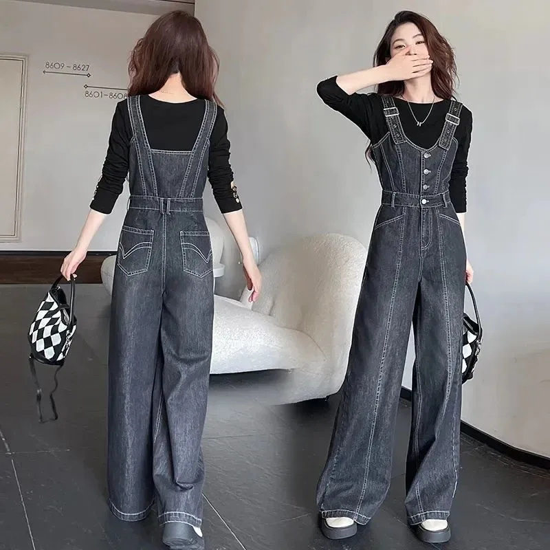 

Fashion Women's Denim Overalls, New Spring Autumn Base Loose Cowboy Wide-leg Pants, Female Casual Denim Jumpsuits Jeans Trousers