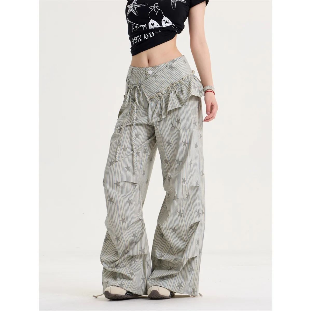 Striped Star Print Wide Leg Pants, High Waist Ruffle Hem Baggy Casual Trousers for Women