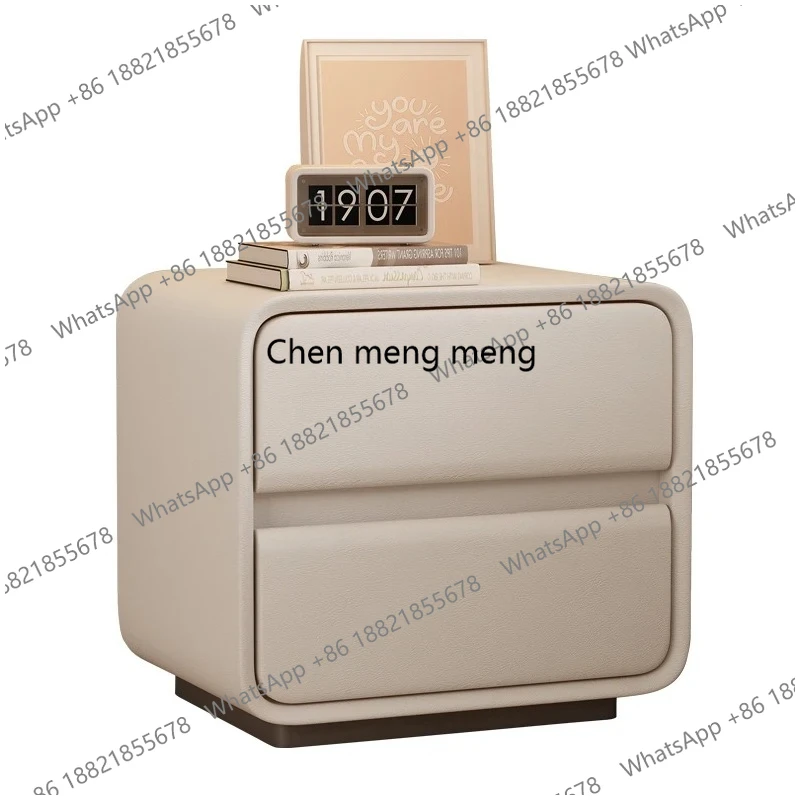 Bedroom Household Cream Wind Bedside Cabinet Solid Wood Leather Simple Modern Light Luxury