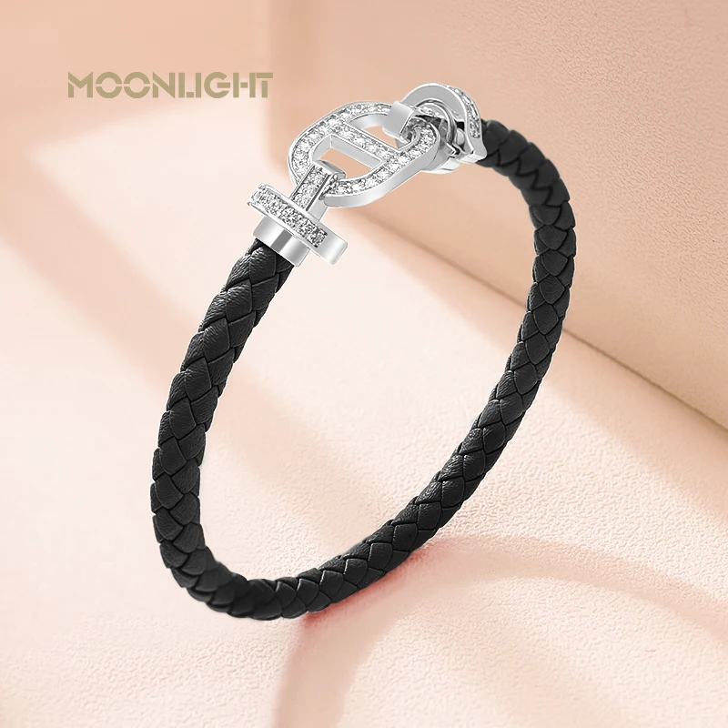 MOONLIGHT Fashion Classic Pig Nose Shape Leather Braided Bracelet for Women Cubic Zirconia Bracelet Hand-woven Jewelry Gifts