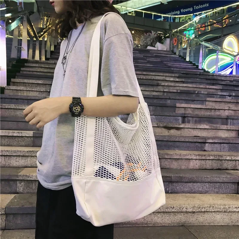 

Summer New Women's Canvas Tote Bag Korean Style Ins Trendy Mesh Beach Shoulder Bag Fashionable Net Bag