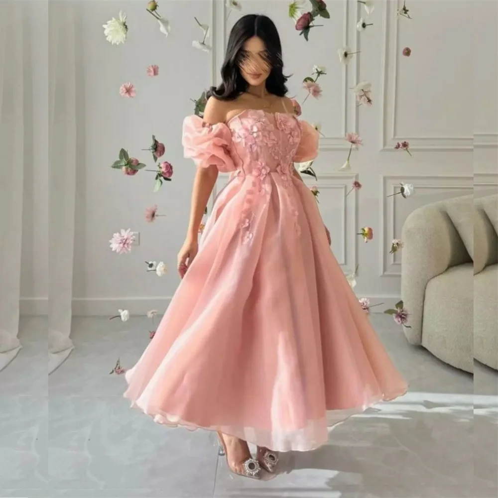 

Customized Evening Dress Saudi Arabia Formal Gown Prom Spaghetti Strap Off-the-shoulder A-line Anke Length 3D Flower Lac