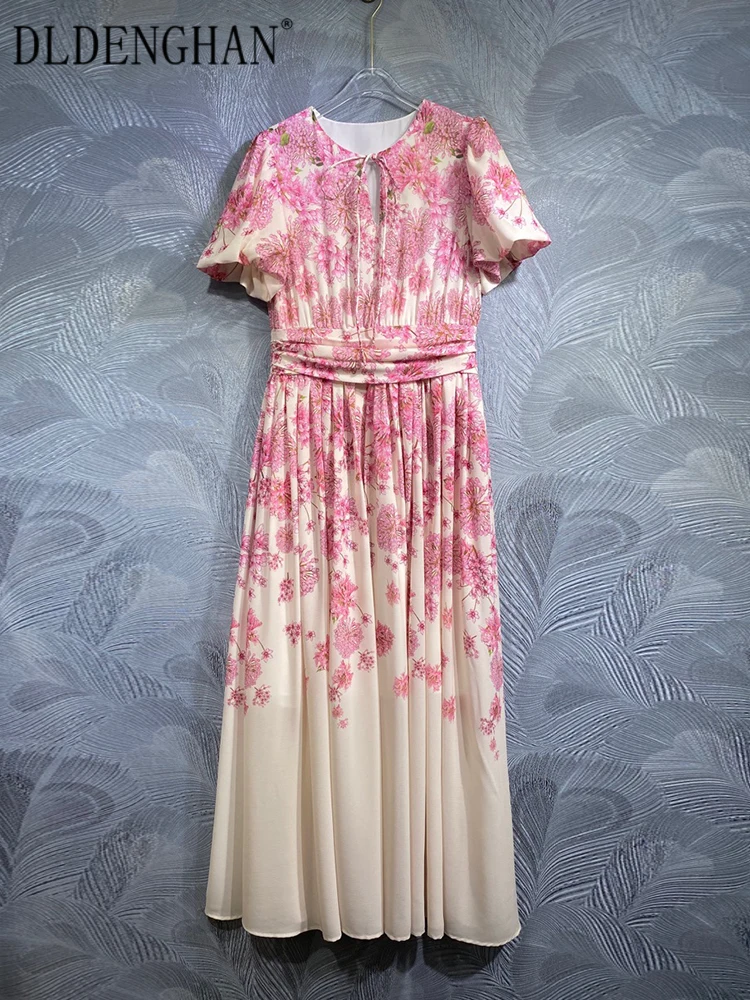 

DLDENGHAN Summer Floral Print Maxi Dress Women's Lace-up O-Neck Puff Sleeve Folds Elegant Party Long Dress Fashion Designer New