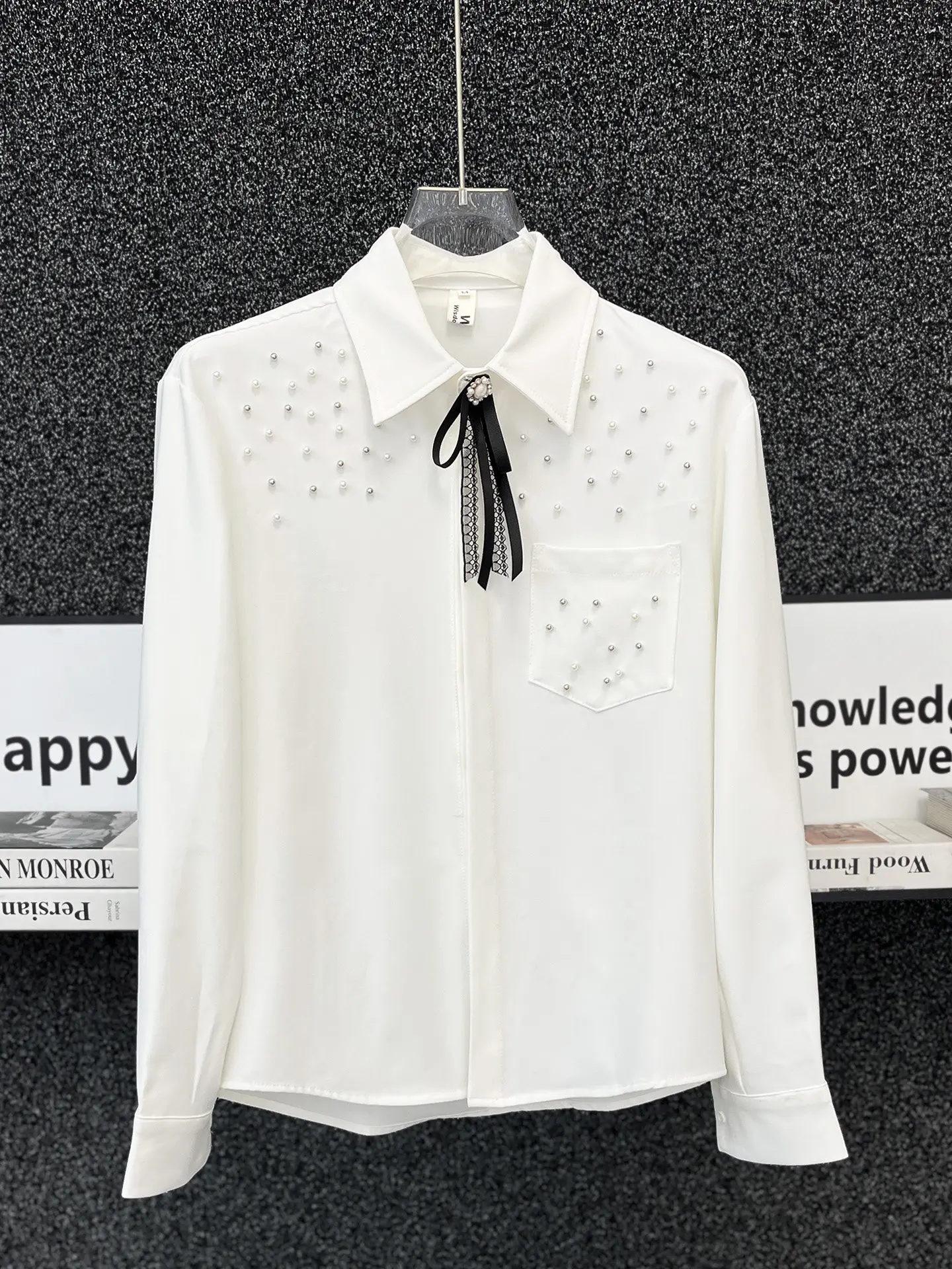 

Brand Nail Bead Shirt Men Loose Versatile Long Sleeved Casual Shirt Trendy Bow Tie Collar Shirt Party Stage Performance Costumes