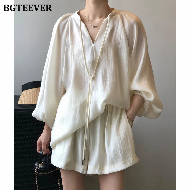 

BGTEEVER Spring Summer Women 2 Pieces Shorts Set Casual Loose Long Sleeve Lace-up Blouses Shirts & High Waist Wide Leg Shorts