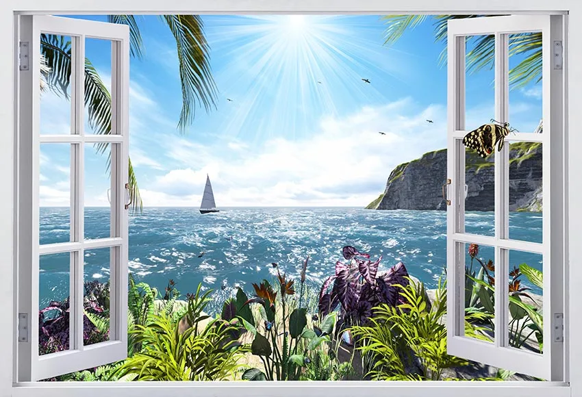 Mehofond Photography Background Window Landscape Wall Tropical Tree Home Decoration Sea Sunrise Home Dorm Photo Studio Backdrop